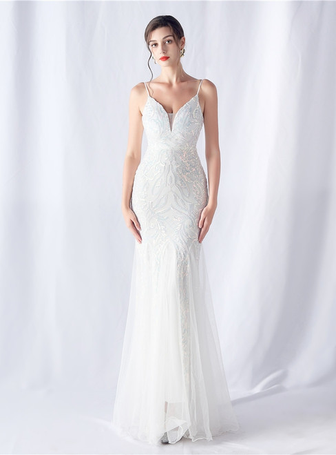 In Stock:Ship in 48 Hours White Mermaid Tulle Sequins Party Dress