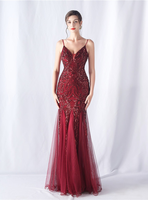 In Stock:Ship in 48 Hours Burgundy Mermaid Tulle Sequins Party Dress