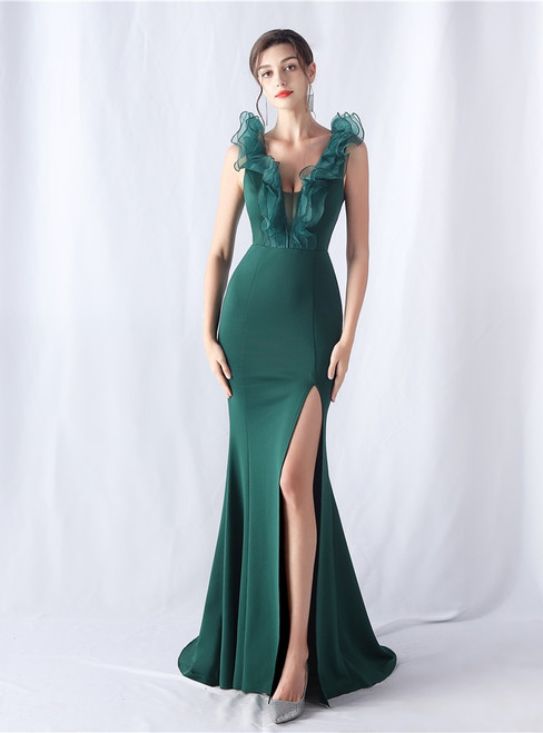 In Stock:Ship in 48 Hours Green Mermaid V-neck Ruffles Party Dress