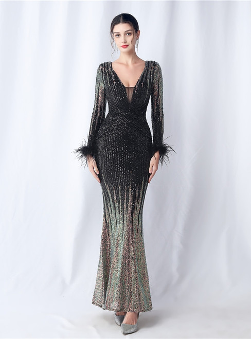 In Stock:Ship in 48 Hours Black Sequins Long Sleeve Feather Prom Dress