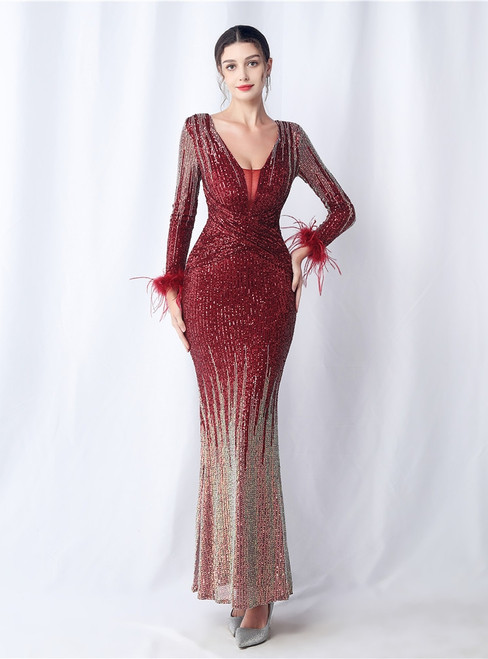 In Stock:Ship in 48 Hours Burgundy Sequins Long Sleeve Feather Prom Dress