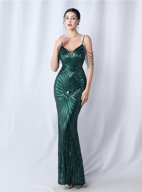 In Stock:Ship in 48 Hours Dark Green Sequins Beading Prom Dress