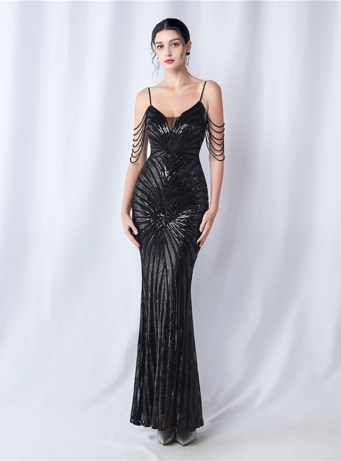 In Stock:Ship in 48 Hours Sexy Black Sequins Beading Prom Dress