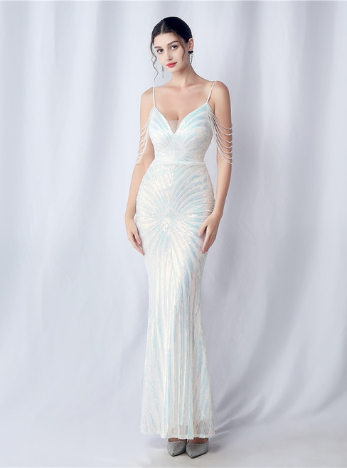 In Stock:Ship in 48 Hours Sexy White Sequins Beading Prom Dress