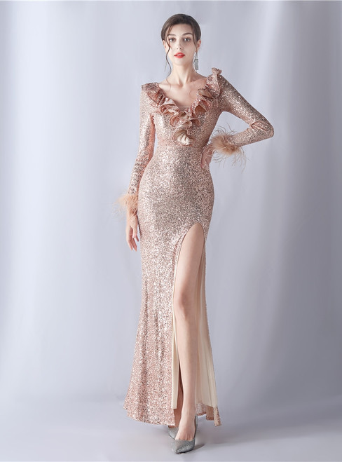 In Stock:Ship in 48 Hours Gold Long Sleeve Sequins Feather Prom Dress