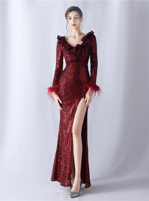 In Stock:Ship in 48 Hours Burgundy Long Sleeve Sequins Feather Prom Dress
