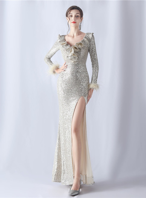 In Stock:Ship in 48 Hours Apricot Silver Long Sleeve Sequins Feather Prom Dress