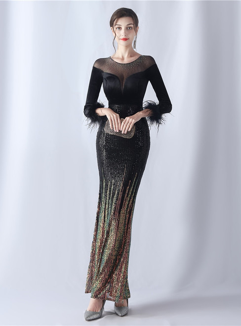 In Stock:Ship in 48 Hours Black Sequins Long Sleeve Feather Party Dress