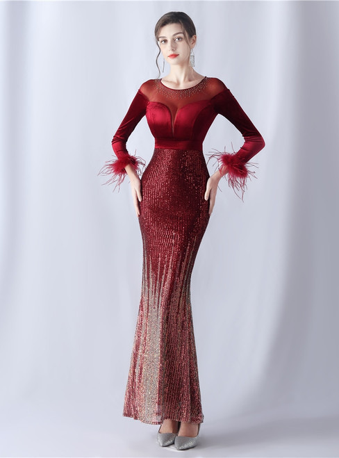 In Stock:Ship in 48 Hours Burgundy Sequins Long Sleeve Feather Party Dress