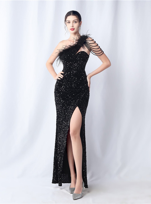 In Stock:Ship in 48 Hours Black Sequins Beading Sleeveless Party Dress