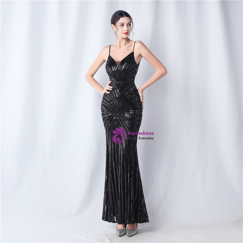 Black Spaghetti Straps Lace Mermaid Sexy Long Evening Party Dress, DP2987