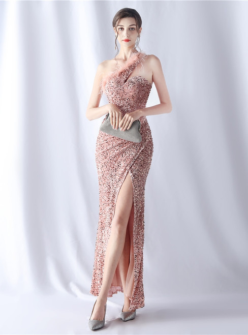 In Stock:Ship in 48 Hours Pink Sequins Feather One Shoulder Party Dress