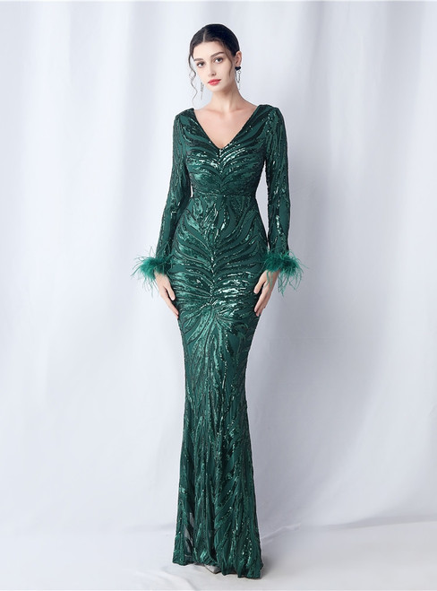 In Stock:Ship in 48 Hours Green V-neck Long Sleeve Party Dress