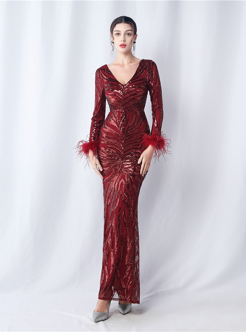 In Stock:Ship in 48 Hours Burgundy V-neck Long Sleeve Party Dress