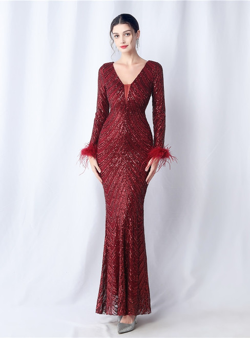 In Stock:Ship in 48 Hours Burgundy Mermaid Sequins Long Sleeve Feather Party Dress