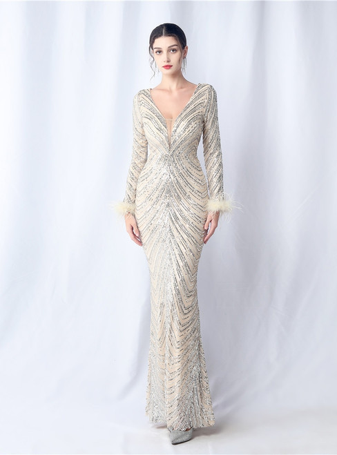 In Stock:Ship in 48 Hours Apricot Silver Mermaid Sequins Long Sleeve Feather Party Dress