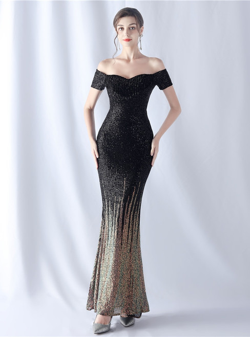 In Stock:Ship in 48 Hours Black Mermaid Sequins Off the Shoulder Beading Party Dress