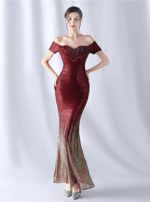 In Stock:Ship in 48 Hours Burgundy Mermaid Sequins Off the Shoulder Beading Party Dress