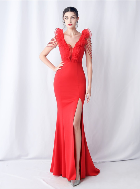 In Stock:Ship in 48 Hours Red Mermaid V-neck Beading Ruffles Party Dress