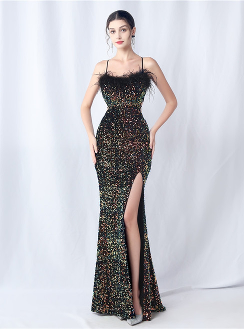 In Stock:Ship in 48 Hours Colorful Black Sequins Spaghetti Straps Feather Dress