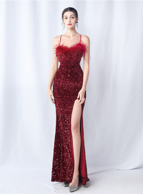 In Stock:Ship in 48 Hours Burgundy Sequins Spaghetti Straps Feather Dress