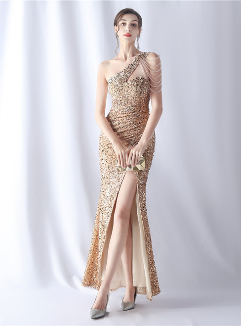 In Stock:Ship in 48 Hours Gold One Shoulder Sequins Beading Prom Dress