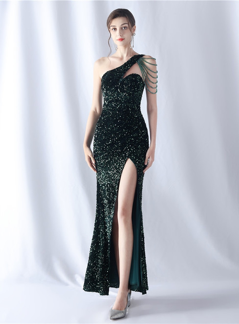 In Stock:Ship in 48 Hours Green One Shoulder Sequins Beading Prom Dress