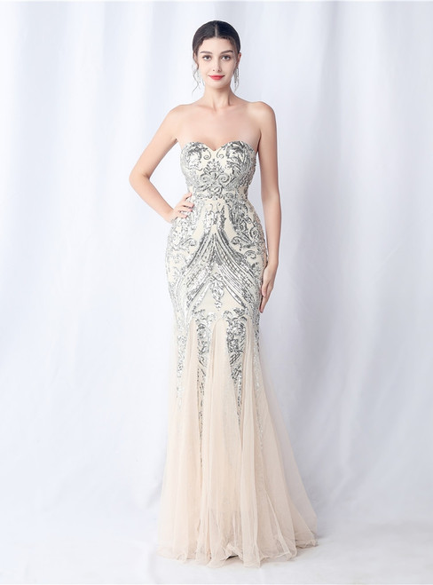 In Stock:Ship in 48 Hours Apricot Silver Tulle Sequins Mermaid Party Dress