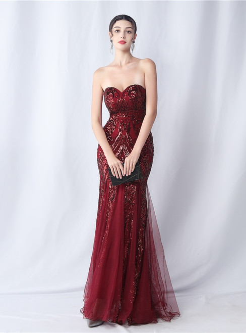 In Stock:Ship in 48 Hours Burgundy Tulle Sequins Mermaid Party Dress