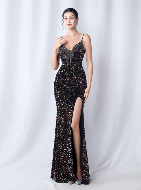 In Stock:Ship in 48 Hours Colorful Black Mermaid Sequins Beading Party Dress