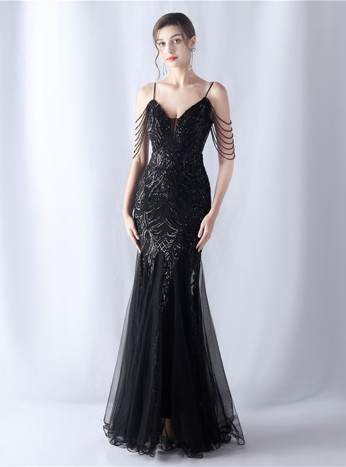 In Stock:Ship in 48 Hours Sequins Spaghetti Straps Beading Black Party Dress