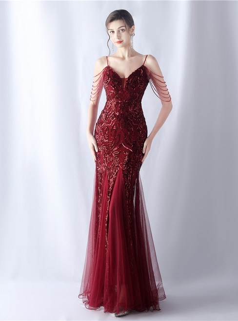 In Stock:Ship in 48 Hours Sequins Spaghetti Straps Beading Burgundy Party Dress