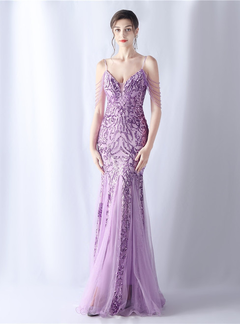 In Stock:Ship in 48 Hours Sequins Spaghetti Straps Beading Purple Party Dress