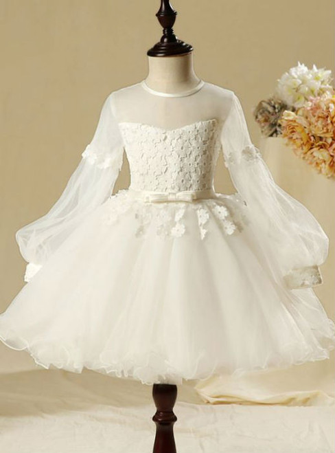 Best 2017 Flower Girl Dresses White Ball Gown  Long Sleeve Scoop Neck Flower Appliques