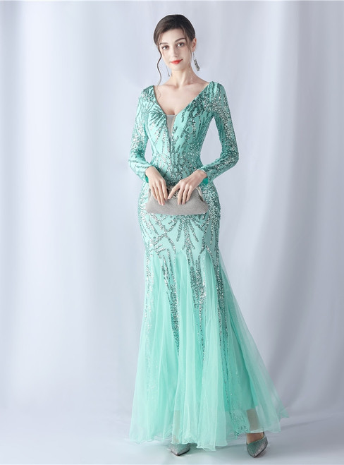 In Stock:Ship in 48 Hours Mint Green Sequins Long Sleeve Party Dress