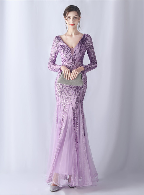 In Stock:Ship in 48 Hours Sexy Purple Sequins Long Sleeve Party Dress