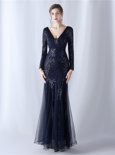 In Stock:Ship in 48 Hours Sexy Navy Blue Sequins Long Sleeve Party Dress
