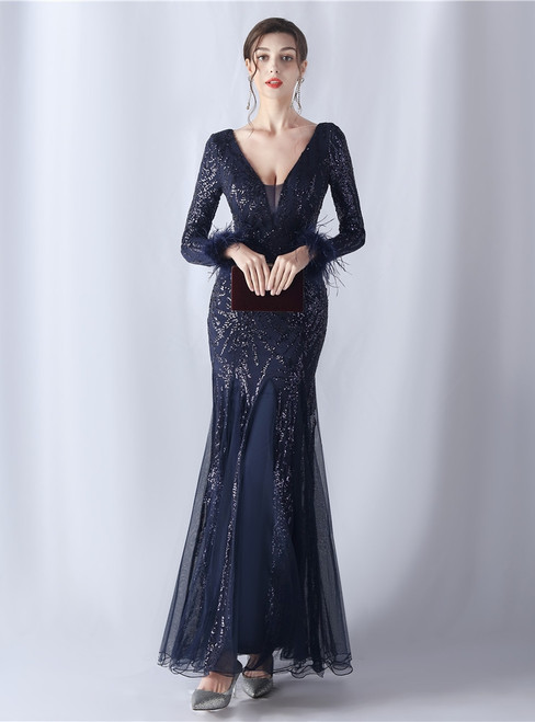 In Stock:Ship in 48 Hours Navy Blue Tulle Sequins Long Sleeve Feather Party Dress