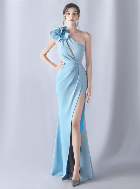 In Stock:Ship in 48 Hours Sky Blue One Shoulder Pleats Split Party Dress