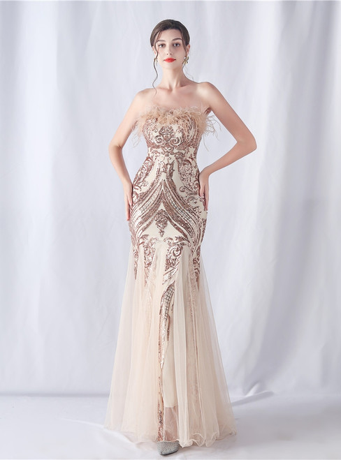 In Stock:Ship in 48 Hours Gold Mermaid Sequins Strapless Feather Prom Dress