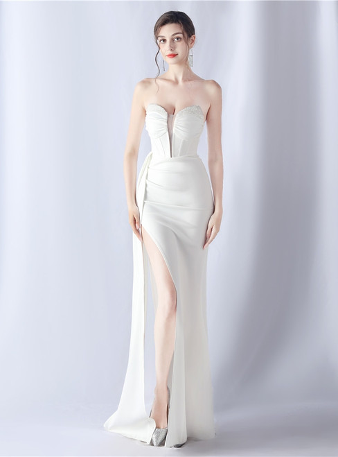 In Stock:Ship in 48 Hours White Strapless High Split Beading Party Dress