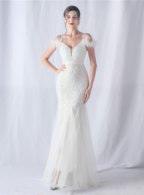 In Stock:Ship in 48 Hours White Sequins Spaghetti Straps Feather Party Dress