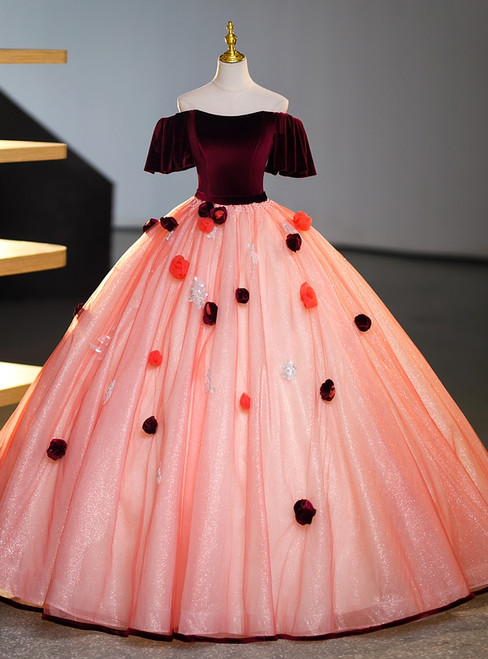 Pink Tulle Burgundy Velvet Off the Shoulder Flower Quinceanera Dress