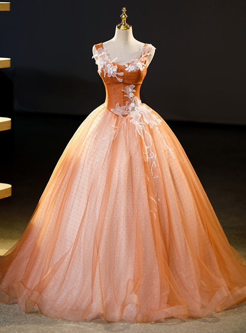 Orange Tulle Sequins V-neck Quinceanera Dress