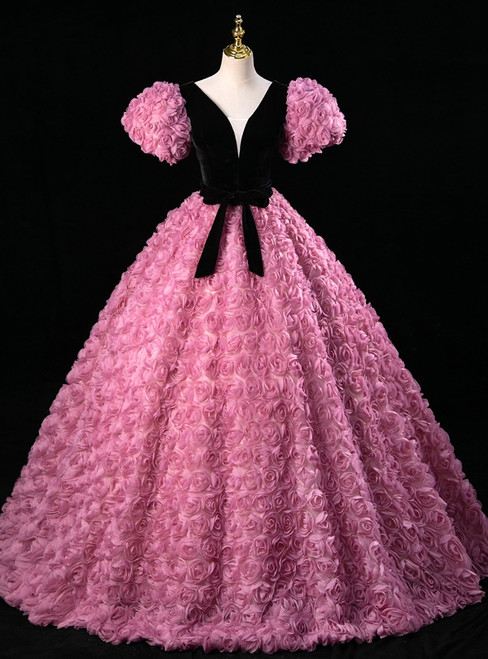 Pink Flower Puff Sleeve V-neck Quinceanera Dress