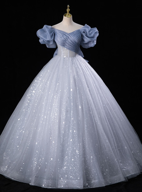 Blue Tulle Sequins Off the Shoulder Bow Quinceanera Dress