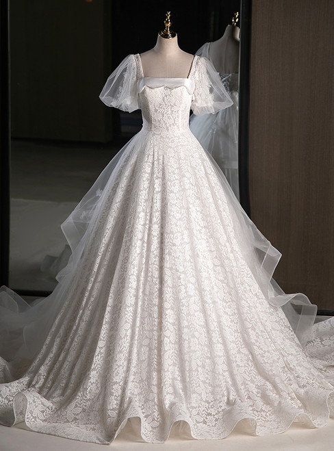 White Lace Puff Sleeve Square Neck Pearls Wedding Dress