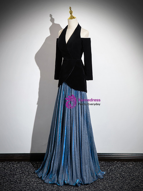 V-Neck Long Sleeves Belt Black Prom Dresses