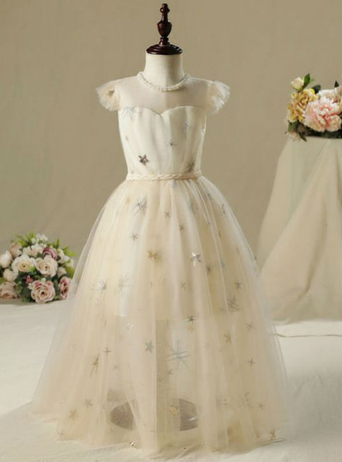 Champagne Sleeveless Braid Sash Sequins Appliques Flower Girl Dress