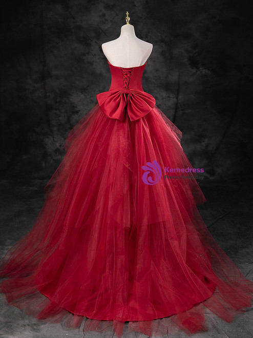 Burgundy Satin Mermaid Gala Dress with Puff Sleeves main image 1